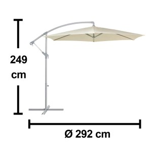 Parasol t.b.t. na wysięgniku o wymiarach: wysokość 249 cm, średnica 292 cm.