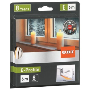 Opakowanie uszczelki gumowej do drzwi/okien OBI, profil E, biała, długość 6 m.