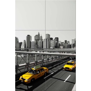 Płytka dekoracyjna z panoramą Nowego Jorku i żółtymi taksówkami.