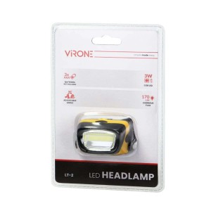 Żółto-czarna czołówka LED w opakowaniu. Kompaktowa lampa do kempingu i na zewnątrz.