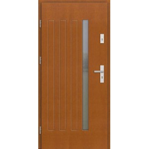 Drewniane drzwi zewnętrzne t.b.t. z szybą i pionowymi listwami dekoracyjnymi.
