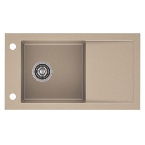Beżowy zlewozmywak granitowy z ociekaczem i dwoma otworami na baterie.