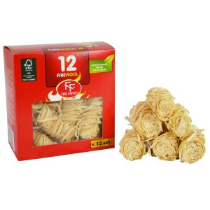 Podpałka w wełnie drzewnej w pudełku i luzem. 12 sztuk. Paliwo do kominka i grilla.