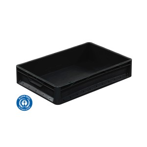 Czarny Eurobox 60x40x12 cm, pełna ściana, część systemu modułowego Eurobox.