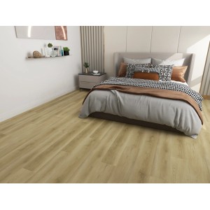 Jasny pokój z panelami winylowymi t.b.t. imitującymi drewno.