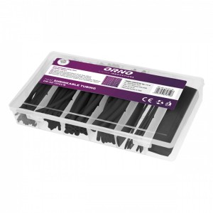 Zestaw rurek termokurczliwych w pudełku, różne rozmiary, czarne, do instalacji elektrycznej.