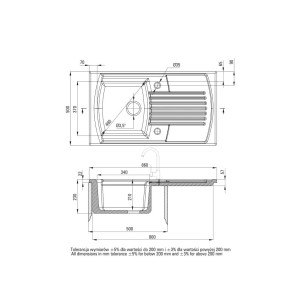 Rysunek techniczny zlewozmywaka ceramicznego t.b.t. z wymiarami.