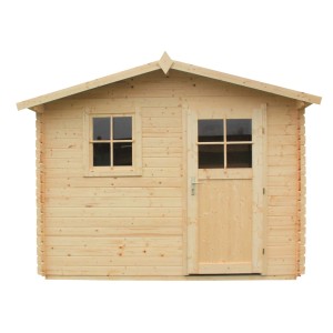 Drewniany domek ogrodowy t.b.t. z oknem i drzwiami, w naturalnym wykończeniu.