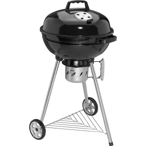 Czarny grill węglowy t.b.t. z kółkami i półką.
