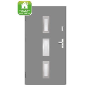 Szare drzwi zewnętrzne z trzema prostokątnymi wstawkami szklanymi.