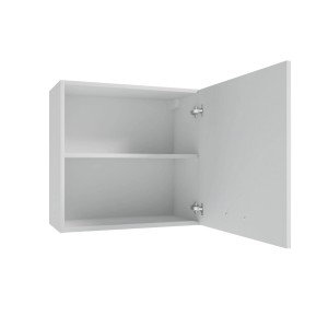 Biała szafka kuchenna wisząca z otwartymi drzwiami i dwiema półkami.