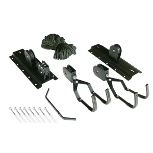 t.b.t. Podnośnik rowerowy do montażu sufitowego, składający się z linki, haków i śrub.