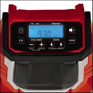 Einhell TC-RA 18 Li BT Solo radio akumulatorowe: Czerwone radio z wyświetlaczem i elementami sterującymi.