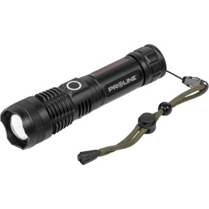 Czarna latarka LED Proline z paskiem na nadgarstek.