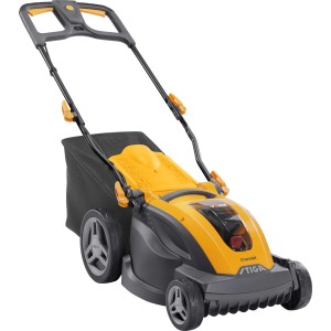 Akumulatorowa kosiarka Stiga Combi 340e z akumulatorem i ładowarką, żółto-szara.
