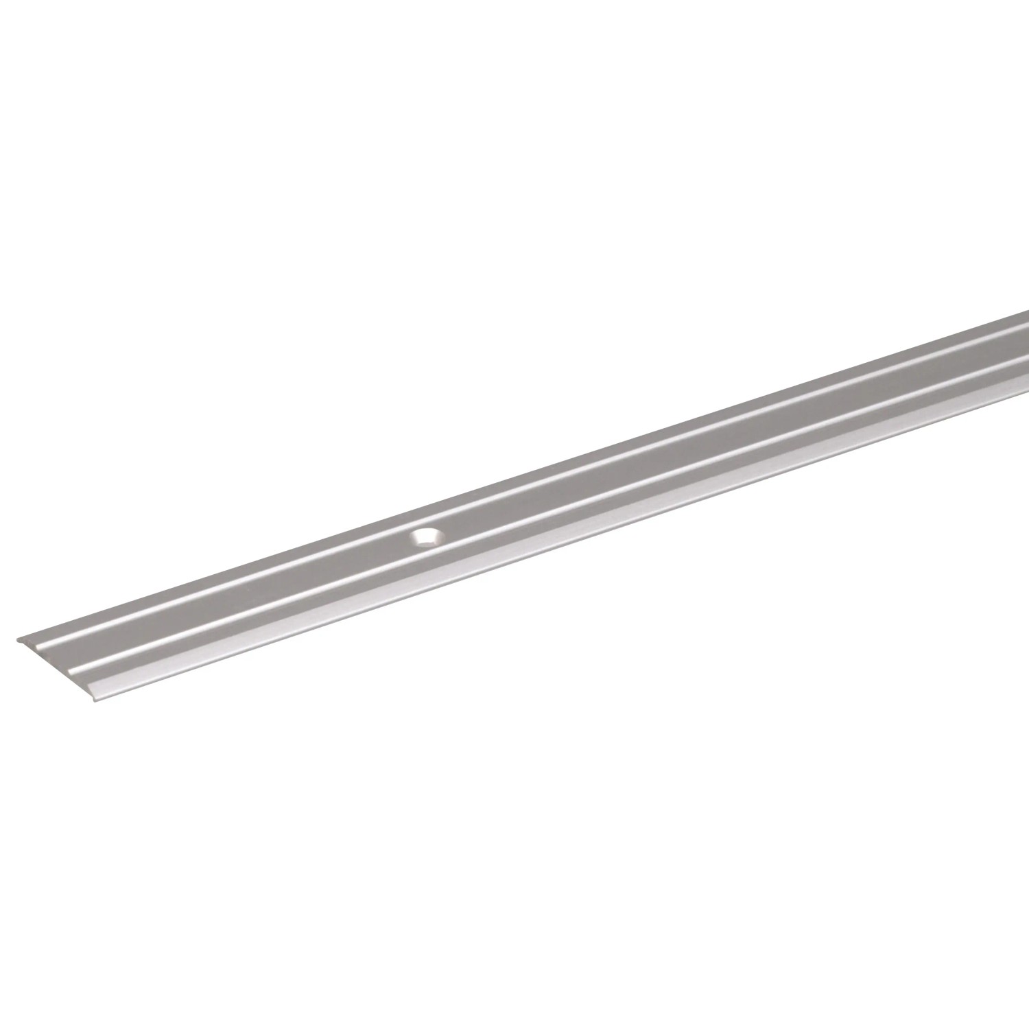 Srebrny profil wyrównujący podłogę z aluminium, o grubości 1,6 mm, szerokości 38 mm i długości 2000 mm.