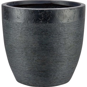Szara doniczka z poziomą teksturą do użytku wewnątrz i na zewnątrz.