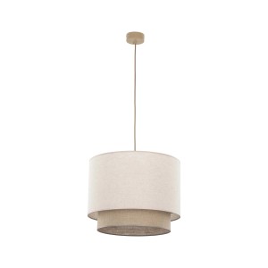 Beżowa lampa wisząca t.b.t. z dwupoziomowym abażurem do salonu.