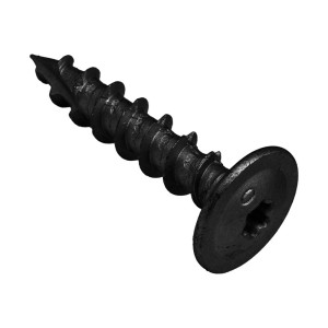 Czarna śruba do drewna z gniazdem Torx, odpowiednia do różnych konstrukcji drewnianych.