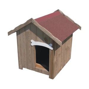 Drewniana buda dla psa z czerwonym dachem i dekoracją z kości przy wejściu.