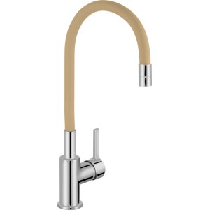 Bateria jednouchwytowa: Chromowany kran z beżową, elastyczną wylewką.