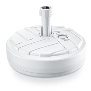 Biała podstawa pod parasol słoneczny, okrągła podstawa z otworem do napełniania.