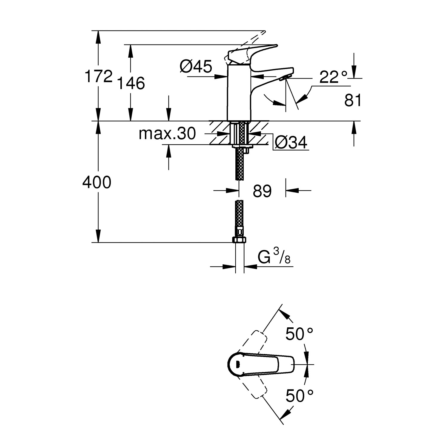 Rysunek techniczny baterii umywalkowej Grohe BauFlow S-Size z wymiarami.