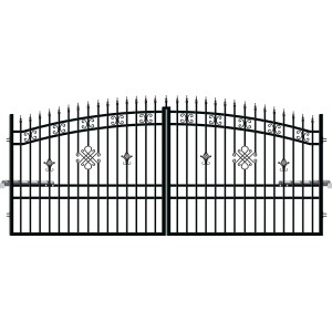 Czarna metalowa brama ogrodzeniowa z elementami dekoracyjnymi.