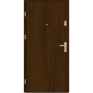 Nowoczesne drzwi zewnętrzne w stylu drewna z geometrycznym wzorem i srebrną klamką.