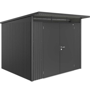 Metalowy domek narzędziowy Biohort AvantGarde A6, ciemnoszary metalik, z podwójnymi drzwiami. Domek ogrodowy ze stali.