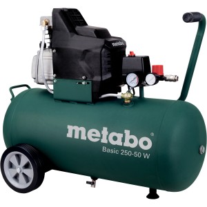 Kompresor Metabo Basic 250-50 W, kompresor tłokowy smarowany olejem z manometrem i kołami.