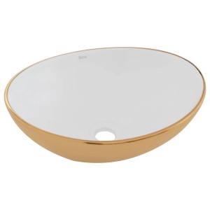 Owalna umywalka nablatowa w kolorze białym/złotym do nowoczesnych łazienek.