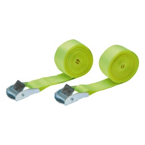 Dwa żółte pasy mocujące z zaciskiem, zwinięte i z metalową klamrą.