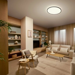 Lampa sufitowa LED Philips Valen, czarna, 55 cm, okrągła, ciepło oświetlająca nowoczesny salon.