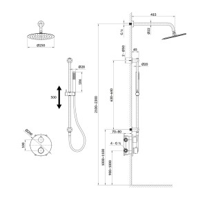 Rysunek techniczny zestawu prysznicowego z wymiarami. Idealny do planowania łazienki.
