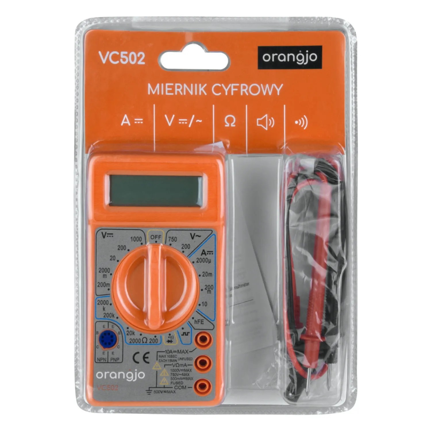Multimetr cyfrowy Orangjo VC502 w kolorze pomarańczowym z przewodami pomiarowymi. Do precyzyjnych pomiarów.