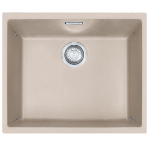 Beżowy zlewozmywak granitowy, kwadratowy z okrągłym odpływem.