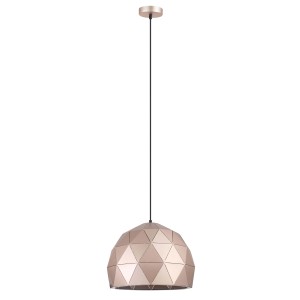 Nowoczesna lampa wisząca w kolorze różowego złota o geometrycznym wzorze.