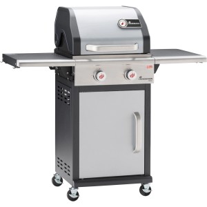 Landmann Triton PTS 2.0 grill gazowy, srebrny grill z 2 palnikami, półkami bocznymi i szafką.