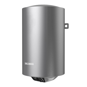 Srebrny bojler Zelmech z wyświetlaczem cyfrowym. Zasobnik ciepłej wody do domu.