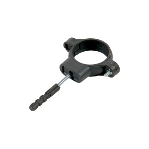 Czarny uchwyt do rur z kołkiem i śrubą do montażu na ścianie.