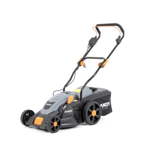 Elektryczna kosiarka do trawy w kolorze szarym i czarnym z koszem na trawę.