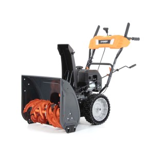 Spalinowa odśnieżarka t.b.t. z pomarańczowymi frezami i czarnymi detalami.