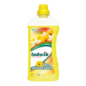 Żółta butelka uniwersalnego płynu Ludwik "Letni Ogród" do mycia i pielęgnacji.