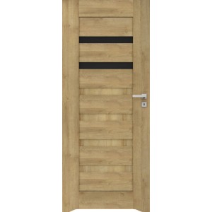 Nowoczesne drzwi wewnętrzne t.b.t. w kolorze drewna z czarnymi akcentami.
