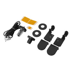 Zestaw akcesoriów do rolet: łańcuszek, paski klejące, osłony i uchwyty.