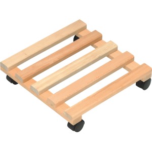 Kwadratowa podstawka na rośliny z buku, 35x35 cm, z czarnymi kółkami ułatwiającymi przesuwanie.