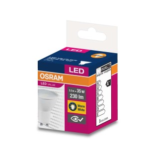 Żarówka LED GU10 Osram, ciepła biel, 3.2W, w opakowaniu.