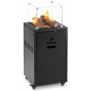 Czarne palenisko Landmann ze szklanym blatem i płomieniami.