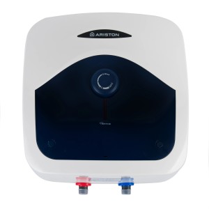 Kompaktowy, biały bojler z niebieskim panelem i regulacją temperatury.